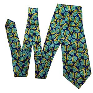 KENZO Paris Silk Neck Tie Blue Gold Green Floral Print Made In Italy 55.5" x 4"